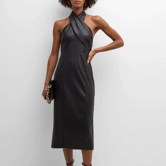 Milly Dresses & Skirts - MILLY Women’s Raven Black Vegan Faux Leather Halter Neck Sz 6 Midi Dress BNWT